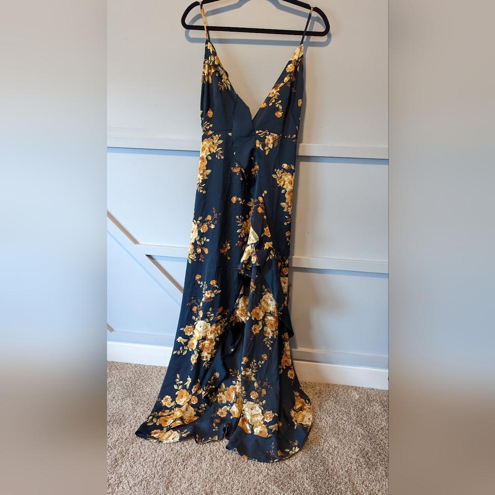 Asymmetrical Ruffle Maxi Dress Size Small Dark Blue Floral